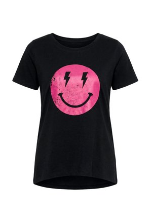 Camiseta negra de manga corta con una gran cara sonriente rosa desgastada que presenta dos rayos negros como ojos.