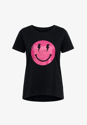 Camiseta negra de manga corta con una gran cara sonriente rosa desgastada que presenta dos rayos negros como ojos.