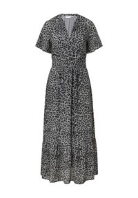 Maxikleid mit Leopardenmuster in Grau und Schwarz, mit kurzen Ärmeln, V-Ausschnitt und gestuftem Rock. Hergestellt aus leichtem, fließendem Stoff.