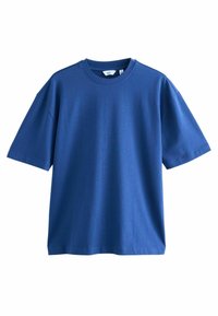 Camiseta de algodón azul con mangas cortas, cuello redondo y corte relajado. Textura suave sin patrones ni adornos visibles.