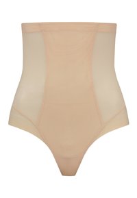 Shapewear beige a vita alta con tessuto liscio, pannelli laterali in rete e taglio a perizoma con delicati dettagli di cucitura.