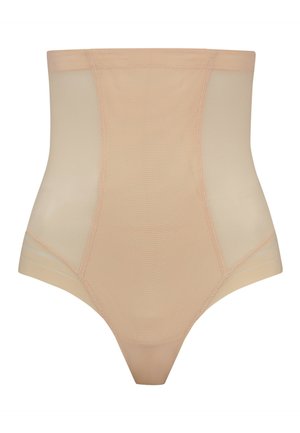 Shapewear beige a vita alta con tessuto liscio, pannelli laterali in rete e taglio a perizoma con delicati dettagli di cucitura.