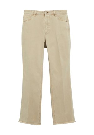 Pantalon beige à jambes droites avec bouton et fermeture éclair à l'avant, cinq poches et ourlets légèrement effilochés.