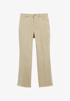 Pantalon beige à jambes droites avec bouton et fermeture éclair à l'avant, cinq poches et ourlets légèrement effilochés.