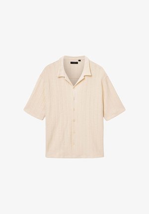 Roomwit overhemd met korte mouwen, knoopsluiting, een gestructureerd patroon en een campkraag.