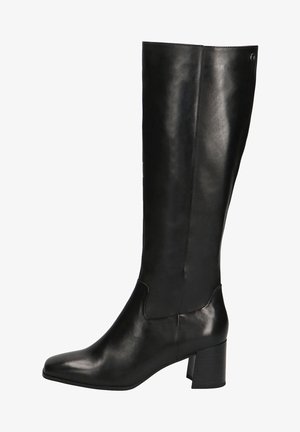 Bottes en cuir noires montantes jusqu'aux genoux avec talon bloc et bout pointu, finition lisse et détails sur le panneau latéral.