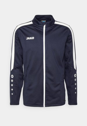 Marine sportjacket met witte strepen, ritsluiting en geribbelde kraag. Bevat logo op de borst en vijf knoopaccenten op de mouwen.