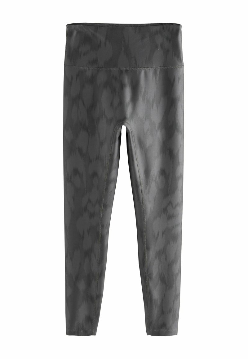 Gray leggings with a smooth, stretchy fabric featuring a subtle, dark tonal pattern. High waistband and reinforced stitching details.