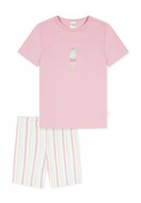 Hellrosa Baumwoll-T-Shirt mit kurzen Ärmeln, das ein Eiscreme-Waffel-Design zeigt; kombiniert mit gestreiften Shorts in Pastellfarben: pink, blau, grün.