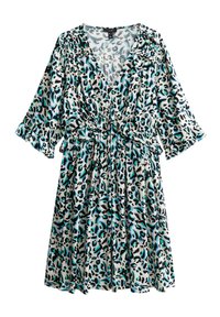 Leopard-print dress in shades of black and turquoise, featuring a v-neckline, gathered waist, and elbow-length flared sleeves.