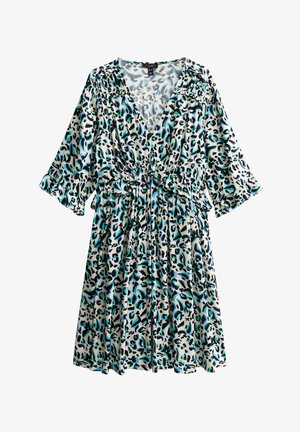 Mekko, jossa on leopardikuvio mustan ja turkoosin sävyissä, v-henkinen kaula-aukko, kootut vyötärö ja kyynärpituisten levenevien hihojen muoto.