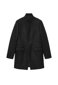 Musta villakangas takki, jossa on korkea kaulus, yksittäinen nappisuljenta, kaksi etutaskua ja muotoiltu istuvuus siisteillä linjoilla.