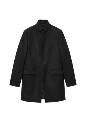 Sort frakke lavet af uld, med høj krave, enkelt knaplukning, to frontlommer og skræddersyet pasform med rene linjer.