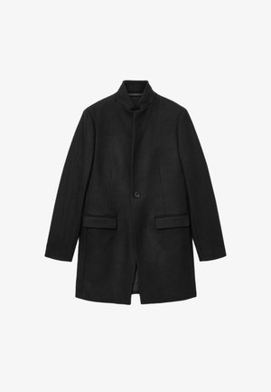 Sort frakke lavet af uld, med høj krave, enkelt knaplukning, to frontlommer og skræddersyet pasform med rene linjer.
