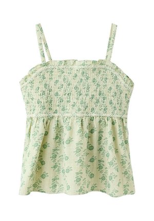 Haut sans manches jaune clair avec corsage smocké et motif floral vert, avec fines bretelles et ourlet à volants.