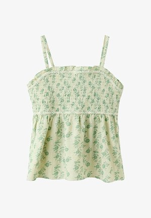 Haut sans manches jaune clair avec corsage smocké et motif floral vert, avec fines bretelles et ourlet à volants.