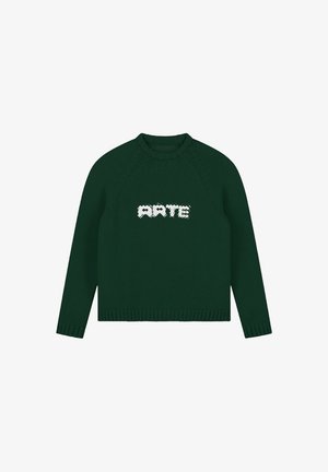 Maglione lavorato a maglia verde scuro con scollatura rotonda, con polsini e orlo a costine, caratterizzato dalla parola "ARTE" in lettere bianche sul davanti.