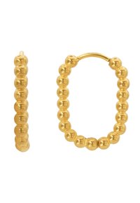 Gouden hoop oorbellen met een kralenontwerp, een gladde textuur en een glanzende afwerking, met een ronde vorm en een open sluiting.