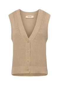 Beżowy dziany kamizelka z głębokim dekoltem w kształcie litery V, z pięcioma guzikami, prążkowanym wykończeniem i teksturowanym materiałem. Bez rękawów.