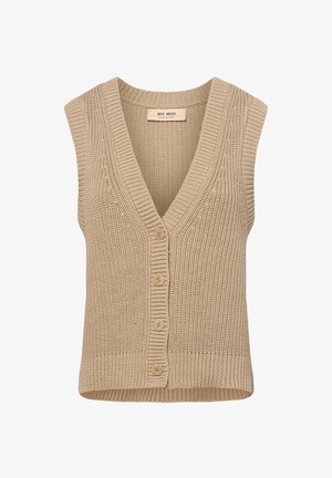 Beige knitted vest with a deep V-neck, five-button closure, ribbed hem, and textured fabric. Sleeveless design.
