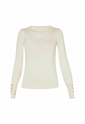 Maglione a maniche lunghe color crema chiaro realizzato in un morbido tessuto. Presenta un collo rotondo e delicati dettagli con bottoni sulle maniche.