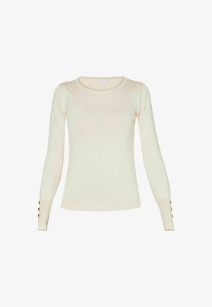 Maglione a maniche lunghe color crema chiaro realizzato in un morbido tessuto. Presenta un collo rotondo e delicati dettagli con bottoni sulle maniche.