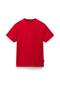 T-shirt in cotone rosso con scollo a girocollo, maniche corte e un piccolo logo in rilievo sul lato sinistro del petto. Texture liscia, vestibilità comoda.