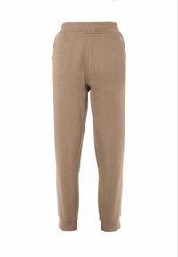 Pantaloni della tuta beige con gamba affusolata, vita elasticizzata, tasche laterali e polsini a costine alle caviglie.