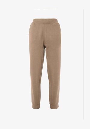 Pantaloni della tuta beige con gamba affusolata, vita elasticizzata, tasche laterali e polsini a costine alle caviglie.