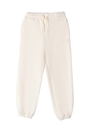 Pantalones jogger de color beige claro, confeccionados en tejido suave, con una cinturilla elástica con cordón, puños elásticos y un sutil detalle de logo.