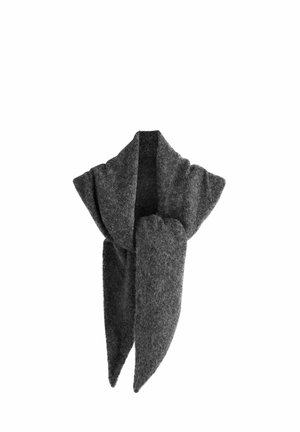 Gray wool scarf with a soft, textured finish. Features a wide design that drapes, tapering at the ends. No visible hardware or accents.