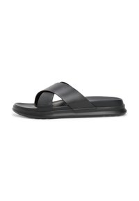 Black sandals with a cross strap design. Made of smooth material, featuring a textured strap and a flat, cushioned sole for comfort.