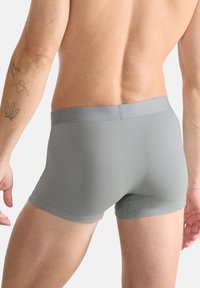 Gray boxer briefs made from smooth fabric, featuring a wide elastic waistband and a snug fit, with visible seam details and no patterns.