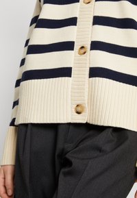 Beige en marineblauw gestreepte gebreide cardigan met geribbelde structuur, voorzien van vier houten knopen aan de voorkant en een ronde halslijn. Gecombineerd met een donkere broek.