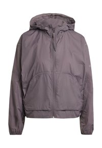 Lätt grå vindjacka med huva, frontdragkedja och elastiska ärmslut. Har två stora framfickor och en slät yta.