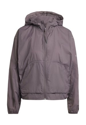 Lightweight gray windbreaker jacket with a hood, front zipper, and elastic cuffs. Features two large front pockets and a smooth texture.