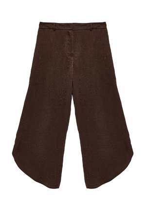 Ciemnobrązowe spodnie o szerokich nogawkach, skrócone, z wysokim stanem, szlufkami na pasek i unikalną fakturą tkaniny.