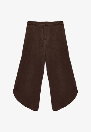 Donkerbruine wijde cropped broek met hoge taille, riemlussen en unieke gestructureerde stof.