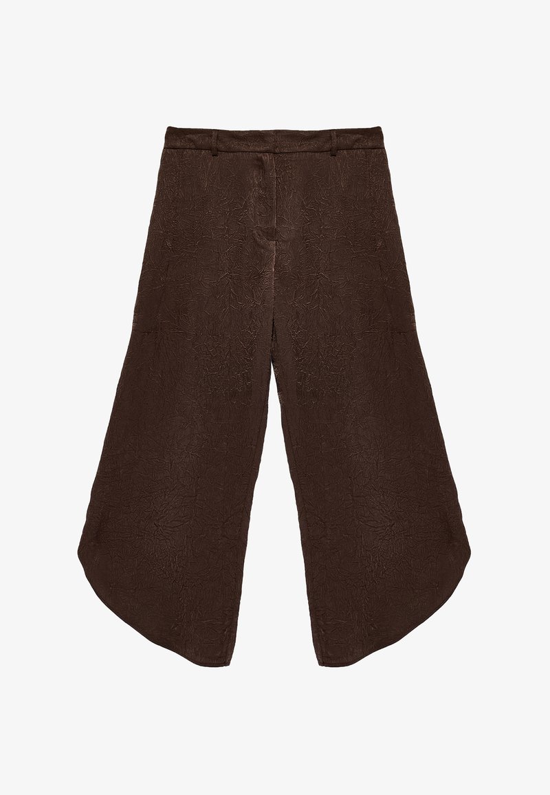 Donkerbruine wijde cropped broek met hoge taille, riemlussen en unieke gestructureerde stof.