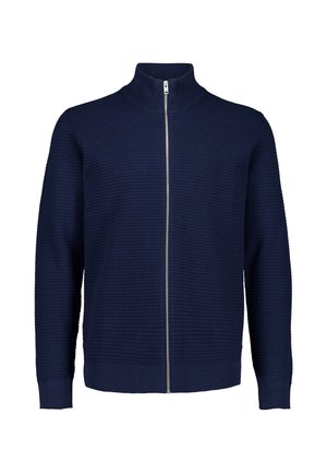 Donkerblauwe, getextureerde trui met volledige ritssluiting, hoge kraag, lange mouwen en geribde boorden en zoom.