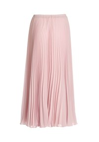 Hellrosa plissierter Midirock mit elastischem Bund, fließendem Stoff und weicher, leicht transparenter Textur.