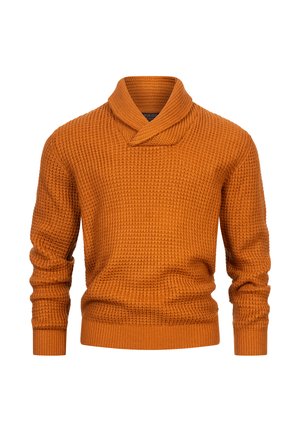 Suéter de punto naranja con cuello de chal, patrón acanalado texturizado, mangas largas y puños ajustados. Tela suave con una apariencia acogedora.