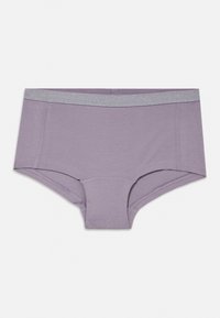 Chiloți hipster din bumbac în culoarea liliacului, cu o textură moale și o talie cu sclipici argintiu. Prezintă detalii subtile de cusătură.