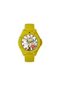 Gelbe Silikon-Uhr mit einem runden Ziffernblatt, das ein Design von einer Giraffe und einer Kuh zeigt, schwarzen Ziffern und einem weißen Hintergrund.