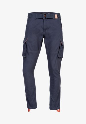 Marineblaue Baumwollcargo-Hosen mit schmalem Schnitt, ausgestattet mit seitlichen Cargo-Taschen, einem Gürtel und kontrastierenden orangen Akzenten.