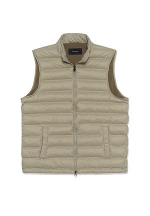 Chaleco acolchado sin mangas beige con cierre frontal, patrón de acolchado horizontal, dos bolsillos frontales y cuello alzado.