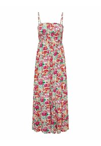 Bezrękawna sukienka maxi w kolorową florystyczną grafikę w odcieniach różu, czerwieni, pomarańczu i zieleni na białym tle, z cienkimi ramiączkami i dopasowanym koronką.
