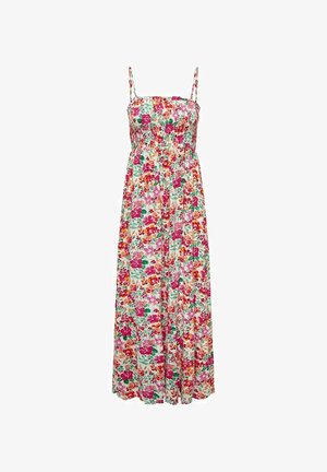 Sleeveless maxi dress with pink, red, orange, and green floral print on a white background, featuring thin shoulder straps and a fitted bodice.