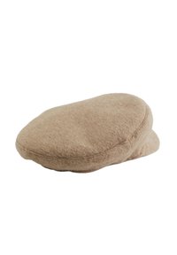 Cappello in feltro beige con forma arrotondata, visiera piatta e dettagli di cucitura visibili; texture morbida, design leggero e bordi senza cuciture.
