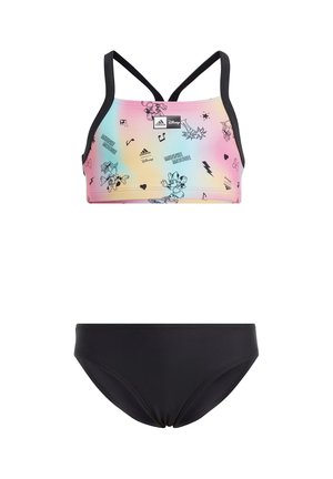 Bañador de dos piezas para niñas con parte superior con estampado de Minnie Mouse en tonos pastel arcoíris y parte inferior negra lisa, con finas tiras negras en los hombros.
